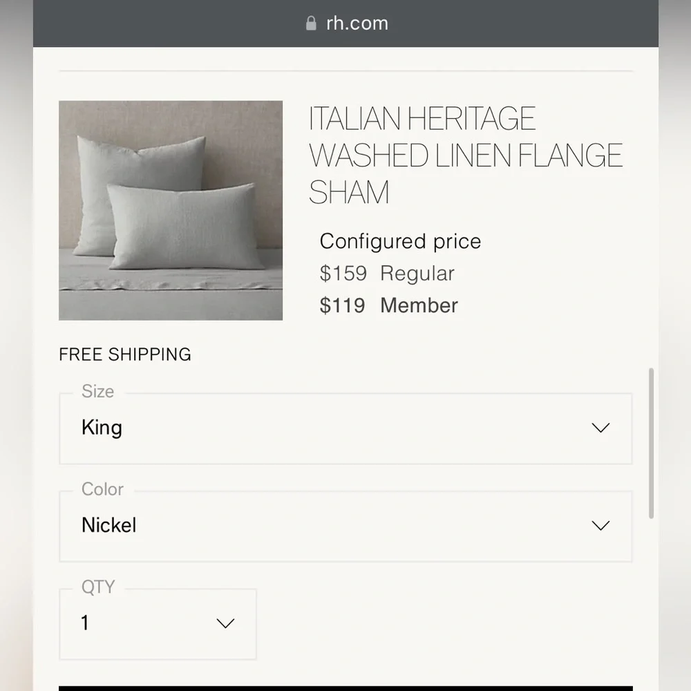 RH King ITALIAN HERITAGE WASHED LINEN FLANGE SHAM in Nickel